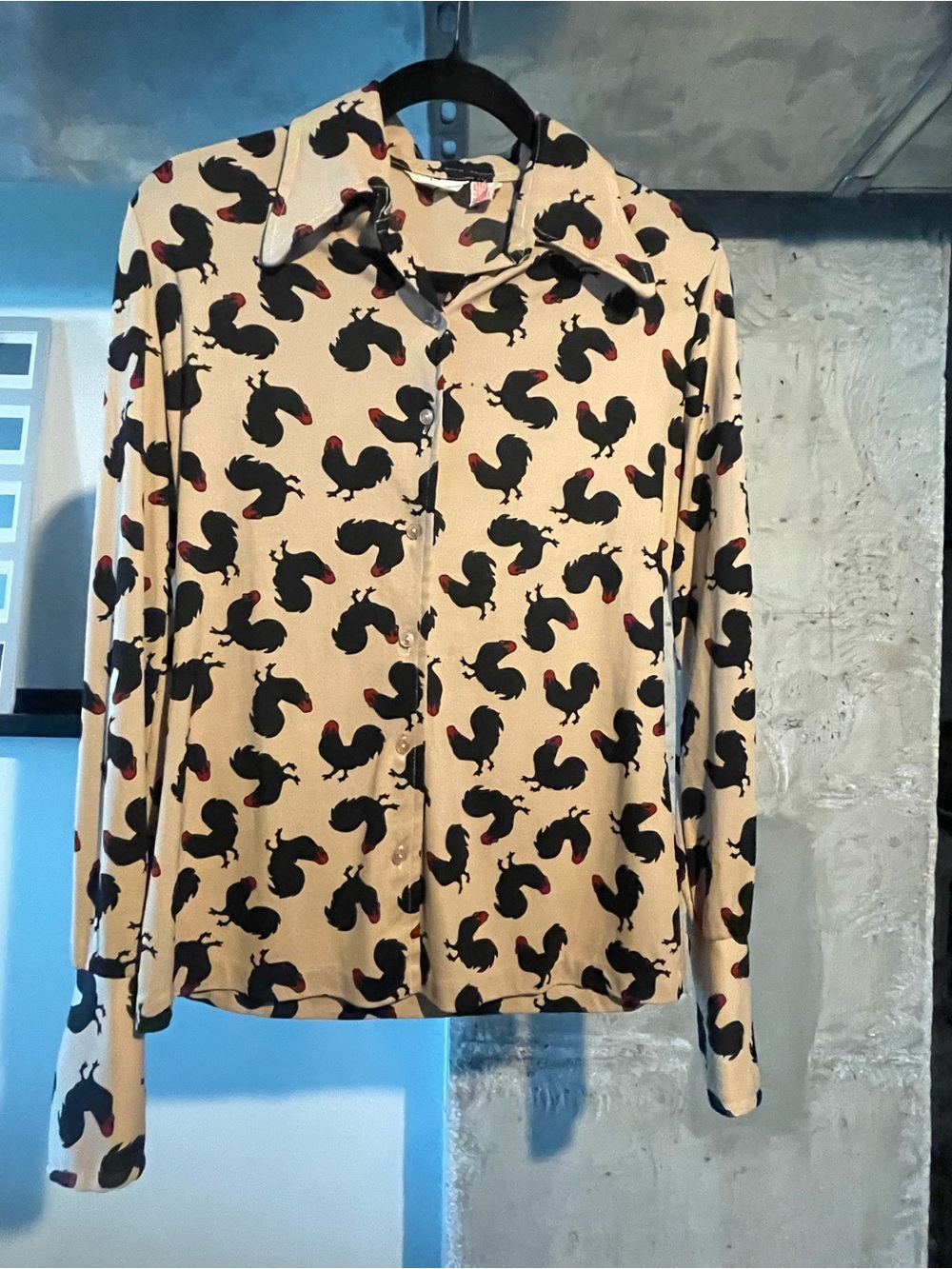 Vintage Rooster Print Button-Up Blouse